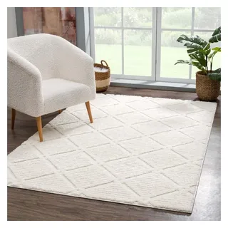 Carpet City Teppich Hochflor Wohnzimmer - 80x150 cm - Landhaus-Stil Einfarbig Creme - Cut-Loop, Hochtief, 3D-Effekt - Shaggy Teppiche Flauschig-Weich Schlafzimmer Langflor