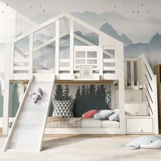 Merax Kinderbett Baumhaus 90x200cm mit Rutsche und Stauraumleiter, Etagenbett aus Massivholz mit Fenster und Rausfallschutz, inkl. 2 Lattenroste, Weiß - Weiß
