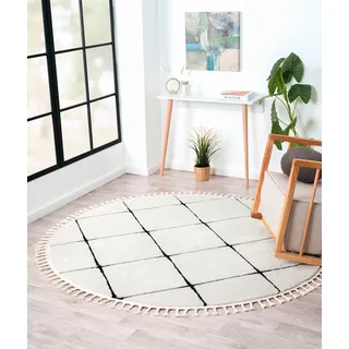Myflair Möbel & Accessoires Hochflor-Teppich »Moroccan Square« rund 24 mm Höhe modern, marokkanisches Design, Rauten Muster, weich, mit Fransen, schwarz-weiß