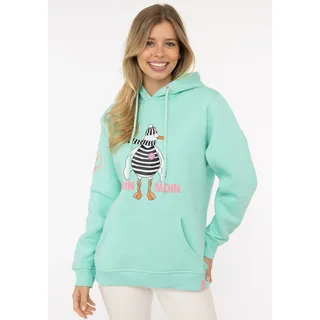 Hoodie ZWILLINGSHERZ "Moin Moin Möwe", Damen, Gr. L/XL (L/XL), grün (mint), Sweatware, Obermaterial: 50% Baumwolle, 50% Polyester, unifarben mit Farbeinsatz, comfort fit hüftlang, ohne Ausschnitt, angesetztes Bündchen, Sweatshirts Hoodie, mit nordischem Gruß, lustiger Möwe, Fronttasche