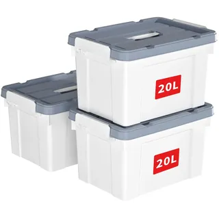 Cetomo 20L*3 Kunststoff-Aufbewahrungsbox Box mit haltbarem Deckel und Sicherheitsverschluss stapelbar und verschachtelbar 3-Packs Weiß