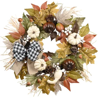 Valery Madelyn 45cm Türkranz Sommer-Herbstdeko,Türkranz Modern Innen und Außen,Künstlich Kürbis,Fliege für Haustür Tisch,Herbstgirlande für Fall Decor Erntedank Halloween,Natürlich