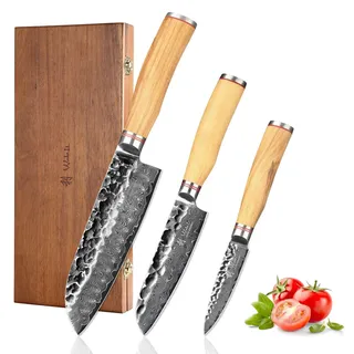 Wakoli Olive HS Messerset 3-teilig aus 67 Lagen Damaststahl mit VG10 Kern | Santoku, kleines Santoku und Officemesser, Olivenholzgriffe, 60 ± 2 HRC, beidseitiger 15° V-Schliff, Hammerschlag und Holzbox