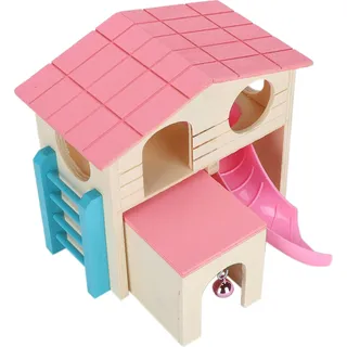 Wooden Hamster Fun House Huts Toy Exercise Playthings Gym PlaygroundPink - Rosa