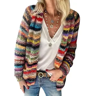 NLAVW Regenbogen-Strickjacke für Damen, Mehrfarbig, gestreift, vorne offen, Herbst-Winter-Strickpullover, übergroße Strickjacke,Rot,L