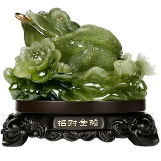 Feng Shui Geldfrosch (dreibeiniger Reichtum Frosch oder Geldkröte) Statue + Gratis Set von 10 Glücksmünzen auf roter Schnur, zieht Reichtum und Glück an, Feng Shui Dekor, 17,5 cm (B) x 16,5 cm (H)
