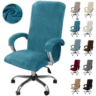 Alishomtll Samt Bürostuhl Bezug mit Armlehne Stretch Stuhlhussen Gaming Stuhl Bezug Abnehmbare Sessel Überzug Elastische Stuhlbezüge für Bürostuhl Computer Stuhl Drehstuhl (Pfauenblau, Large)
