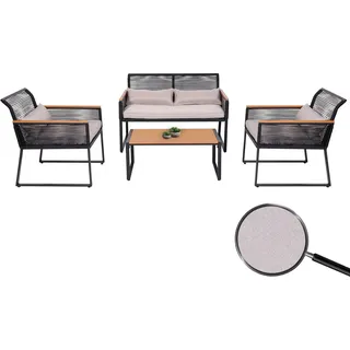 Garten-Garnitur HWC-K42, Gartenlounge Lounge-Set Sitzgruppe Sofa, Seilgeflecht Rope Holzoptik Stahl, Polster hellgrau - Grau
