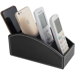 XNONE Fernbedienungshalter Leder Fernbedienung Organizer mit 4 Fächer,Multifunktion Nachttisch Schreibtisch Organizer,Schreibtisch-Organizer Stiftehalter für Stifte,Brille,Handys,Make-Up,Schwarz