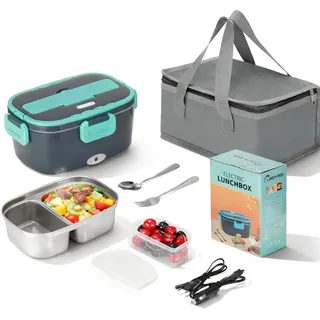 vinato Elektrische Lunchbox 1.5L, Speisenwärmer Elektrisch 60W,Lunchbox Elektrisch,Tragbare Beheizte Lunchbox Für Auto,Lkw,Büro,Mit Gabel, Löffel, Isolierter Tragetasche
