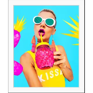 queence Bild "Jule" Ananas  Frau  Kunst  Palmen  Pflanzen HD Premium Poster-Druck inkl. Holzrahmen, farbe rahmen: schwarz, farbe bild(er): pink, gelb, türkis