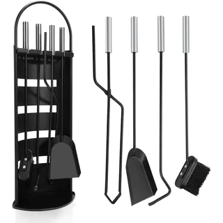 Ikodm Kaminbesteck Set 5-teiliges, Kaminzubehör mit Besen, Schaufel, Eisenhaken, Feuerzange, Ständer, Modern Design Kaminwerkzeug, Ofenbesteck Kamingarnitur mit Edelstahlgriffe, Leichentuch