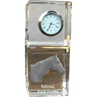 Rennpferd im Ruhestand - Kristalluhr mit Bild, Pferdebild im Kristall, personalisierte Schreibtischuhr der Marke Art-Dog - Transparent