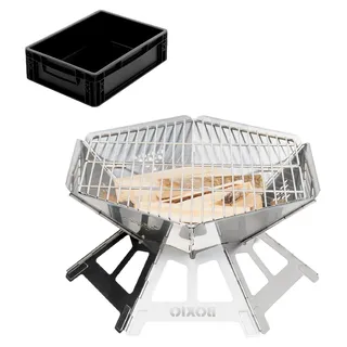 Edelstahl Feuerschale mit Grillrost - Oktagon Feuerstelle für Outdoor & Camping, Kleine Feuerschale mit Funkenschutz, Mini Feuertonne & Feuerkorb für Garten & Lagerfeuer