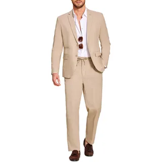 Coofandy 2-teiliges Leinenanzug-Set für Herren, Normale Passform, lässig, leicht, Blazer und Hose, Khaki, XX-Large