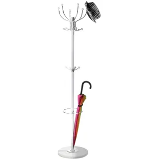 BAKAJI Kleiderständer Design Stehständer aus Metall mit 16 Haken Kleiderhaken Schirmständer und Marmorsockel Größe 37 x 37 x 175 cm (Weiß)