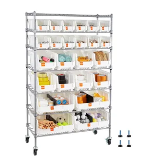VEVOR Standregal, Lagerregal mit 7 Ebenen & 24 Stapelboxen, Bücherregal, Küchenregal mit Rollen, Werkzeugaufbewahrung für Garage, Lager, Büro, Restaurant, Klassenzimmer, Küche, 355x900x1480 mm