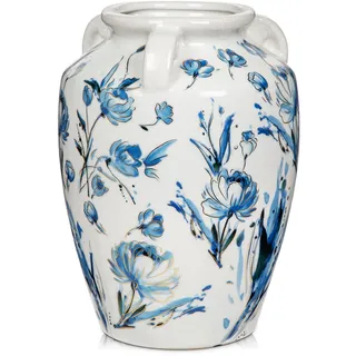 Keramikvase Weiß und Blau mit Griffen Vintage Blumenvasen Deko Vase Tischvase aus Keramik für Deko Wohnzimmer Home Office, Vase für Pampasgras, Rustikales Antikes Dekor, Tischdeko, Trockenblumen