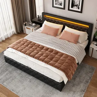okwish Polsterbett 140 x 200 cm, Funktionsbett mit Lattenrost und Stauraum, mit LED-Beleuchtung, Schwarz, PU(Ohne Matratze) - Schwarz