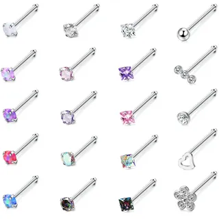 Adramata 20 Stück 20G Nasenstecker Chirurgischer Edelstahl Nasenpiercing Stecker Set Diamant Opal CZ Nasenpiercing Schmuck für Damen Herren Schraube/Gerade/L-förmige Nasenstecker Mehrfarbig,I