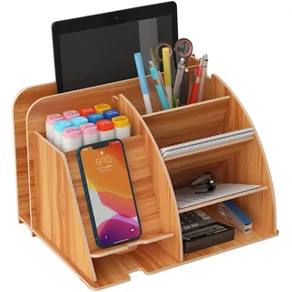 NUODWELL Schreibtisch-Organizer aus Holz mit Telefon-Dockingstation, Büro-Schreibwaren Schreibtisch-Aufräum-Organizer Stifthalter Aufbewahrungsbox Schreibtischzubehör (Kirsche)