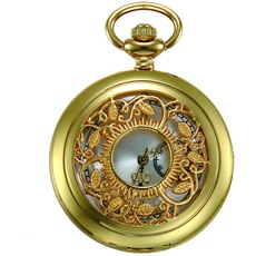 JewelryWe Retro Taschenuhr Golden Gehäuse Hohle Blumen Muster Herren Damen Analog Quarz Uhr Kettenuhr mit Halskette Kette Pocket Watch Geschenk