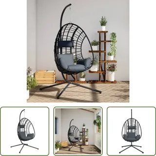 The Living Store Hängesessel Ei-Design mit Ständer Anthrazit Rattan und Stahl - Grau