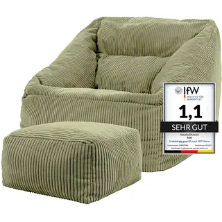 I.C.O.N. Icon Natalia Sitzsack Sessel mit Hocker für Erwachsene, Salbeigrün, Flauschiger Cord Stoff, Riesen Sitzsack Samt mit Füllung, Bean Bag Chair, Bequemer Sessel Wohnzimmer, Lounge, Schlafzimmer, Büro