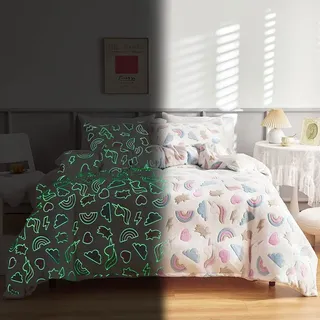 Freyamy Flanell Bettwäsche 200x220cm Rosa Weiß Regenbogen Leuchtend im Dunkeln Kinder Winterbettwäsche Samt Biber Cashmere Touch Flauschige Bettbezug und 2 Kissenbezug 80x80cm mit Reißverschluss