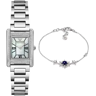 Emporio Armani Damen Silber-Ton-Edelstahl-Uhr und Sterling Silber Armband, Set