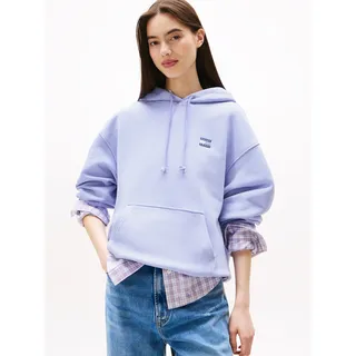 Hoodie TOMMY JEANS "TJW BXY BADGE HOODIE EXT", Damen, Gr. XXL (44), lila (vintage iris), Sweatware, Obermaterial: 100% Baumwolle, unifarben, bequem hüftlang, Rippbündchen, Sweatshirts Hoodie, mit Logo-Badge