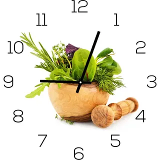 Wanduhr aus Glas 30x30cm Uhr als Glasbild Küche Kräuter Gewürze Deko