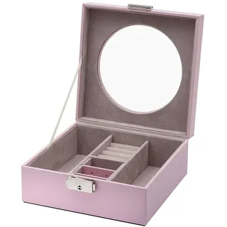 Clauss Schmuckkoffer Rosa | Kompakte Schmuckbox mit Schloss und Schlüssel | Schmuckkästchen mit Fächern, Ringpolster und Ohrring-Halter inkl. Sichtfenster | BC-10044
