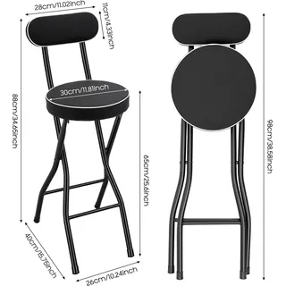 Klappbarer Barhocker - 2er Set - Sitzhöhe 65 cm - Tragkraft 125 kg je Stuhl - Gepolsterte Sitzfläche 5 cm - Mit Rückenlehne - Schwarz