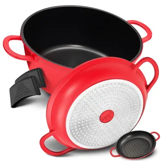 TLESS® 2in1 Aluguss Bräter mit Deckel backofengeeignet | Schmorpfanne & Schmortopf oder als Bratentopf für Induktion | sehr leicht & widerstandsfähig | Ø 28 cm 6 Liter rot