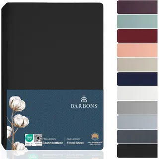 BARBONS Spannbettlaken 180x200cm - 100% Baumwolle Spannbetttuch Oeko-TEX Zertifiziert Bettlaken Jersey Bettwaren und Bettbezug für Boxspringbett und Dicke Matratzen bis 27 cm - Schwarz 180 x 200