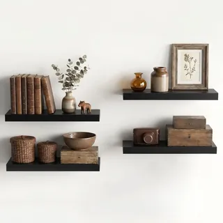 FurnitureR Wandregal 4er Set Schwarz 40x20 cm, Schweberegal Holz mit verdeckter Halterung, Wandboard Set modern für Wohnzimmer Schlafzimmer Küche Büro Flur, Floating Shelf Wandregal für Dekoration