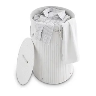 Relaxdays Wäschekorb Bambus, faltbare Wäschetonne mit Deckel, Volumen 70 l, Wäschesack Baumwolle, rund Ø 41 cm, weiß