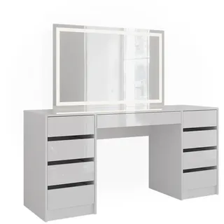 Vicco Schminktisch Sherry, 158.2 cm mit LED-Spiegel, Weiß/Weiß Hochglanz - Weiß,
