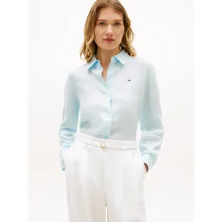Hemdbluse TOMMY HILFIGER "ESS LINEN RELAXED SHIRT", Damen, Gr. 34, keepsake blau, Web, Obermaterial: 100% Leinen, unifarben, relaxed fit hüftlang, 1-Knopf-Manschette, Blusen Hemdbluse, mit Logostickerei,kühlendes Premium Leinen