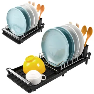Litimkat Abtropfgestell Geschirr, Kompaktes erweiterbares Abtropfgestell, mit Besteckabtropffläche aus Edelstahl,Auffangschale /28-47cm (Black)