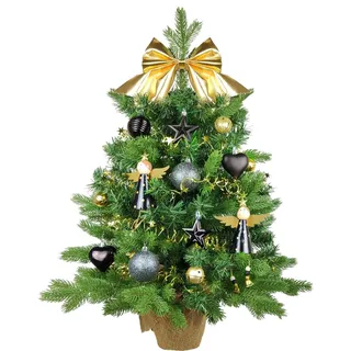 Künstlicher Weihnachtsbaum 60 cm mit LED-Beleuchtung, NACHTHIMMEL, mit 37 Weihnachtsbaumschmuck, Pflanztopf mit Jutesack - Grün, Schwarz, Gold