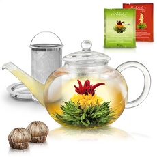 Creano Teekanne aus Glas 1,2l - inklusive 2 Teeblumen - Glasteekanne mit Integriertem Edelstahl-Sieb und Glas-Deckel, tropffrei