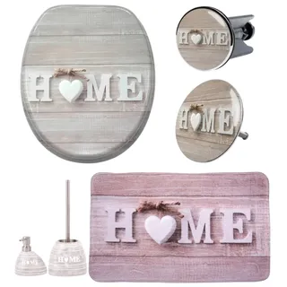 Badaccessoire-Set SANILO "Home", beige, natur, Massivholz, Polyester, Polyresin (Kunststein), Badaccessoires-Sets, Badaccessoire-Set, bestehend aus WC-Sitz, Badteppich, Stöpsel, Seifenspender, WC-Bürste