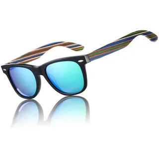 DUCO Polarisierte Sonnenbrille Herren Damen Sonnenbrille polarisiert mit UV-Schutz Walnuss Sonnenbrillen mit Holzrahmen Umweltfreundliche Designerbrille DC2141 (Schwarz Rahmen Revo Green)