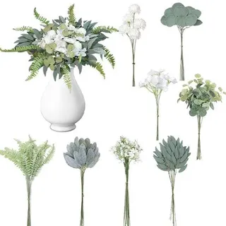 Ibenzoa® Set mit 65 Kunstblumen & Zweigen – weiße Blüten, grüne Blätter, Kunststoff/Textil, wasser- und UV-beständig, vielseitige Deko für Vasen, Tisch & DIY - Grün