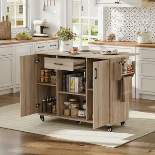 Klappbare Kücheninsel auf Rollen, 120 cm mobiler Servierwagen mit Schublade und Schrank, Sonoma Eiche, 92,9x120x43,5 cm - Grau