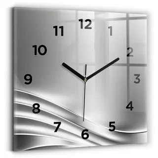 Wallfluent Wanduhr – Stilles Quarzuhrwerk - Uhr Dekoration Wohnzimmer Schlafzimmer Küche - Zifferblatt - schwarze Zeiger - 30x30 cm - Silberne Abstraktion - Silber