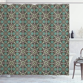 ABAKUHAUS Retro Duschvorhang, Vintage Blumen Leafage, Stoffliches Gewebe Badezimmerdekorationsset mit Haken, 175 x 200 cm, Teal Grün