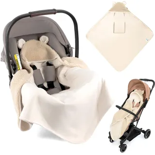 Zamboo Baby Einschlagdecke Fluffy Fleece - Kuschelige Babydecke mit Öhrchen & Gurtschlitzen | Oeko-TEX Zertifiziert, 80x80 cm - ideal für Babyschale, Autositz, Buggy und Kinderwagen | Beige